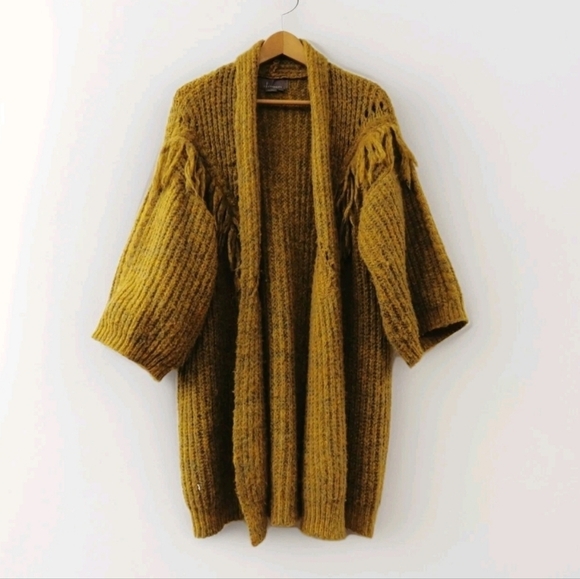 Anthropologie Sweaters - Anthropologie OS Stevie Boho Fringe Marled Knit Mustard Yellow Cardigan Sweater